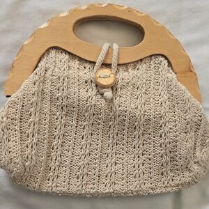 Beige Crochet Knit Handbag with Wooden Handles